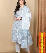white color printed pure cotton styles kurta trouser with dupatta