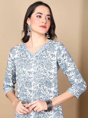 white color printed pure cotton styles kurta trouser with dupatta 2