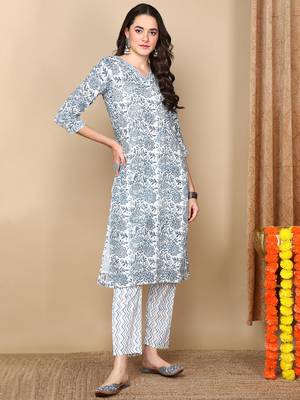 white color printed pure cotton styles kurta trouser with dupatta 3