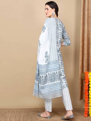 white color printed pure cotton styles kurta trouser with dupatta 4