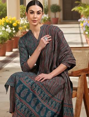 teal color printed rayon blend styles kurta trouser with dupatta 1