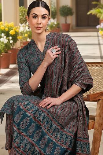 teal color printed rayon blend styles kurta trouser with dupatta
