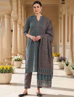 teal color printed rayon blend styles kurta trouser with dupatta 2