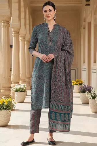 teal color printed rayon blend styles kurta trouser with dupatta
