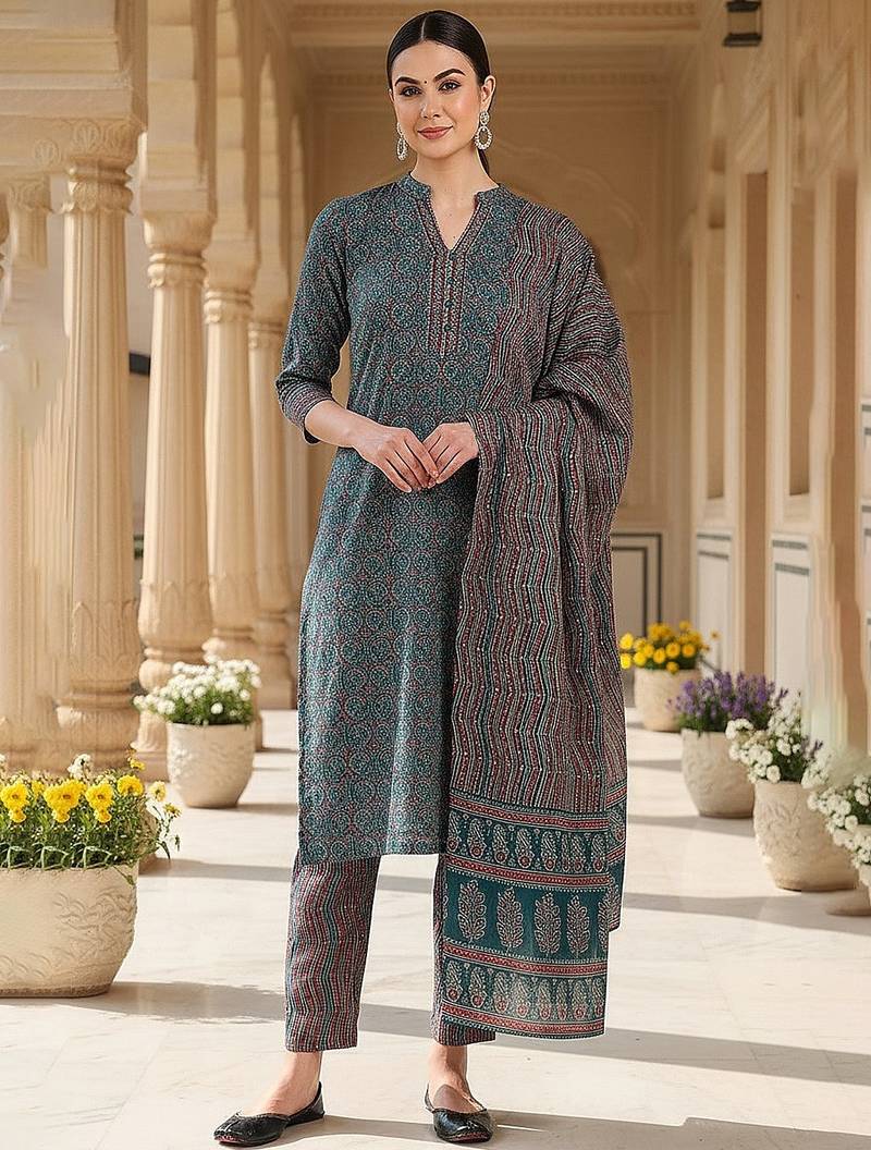 teal color printed rayon blend styles kurta trouser with dupatta
