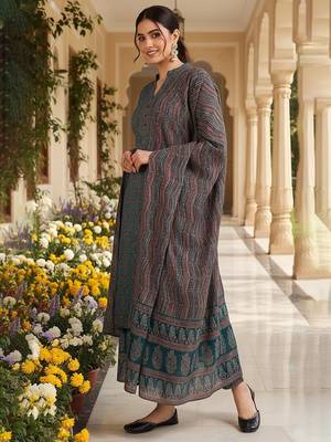 teal color printed rayon blend styles kurta trouser with dupatta 3