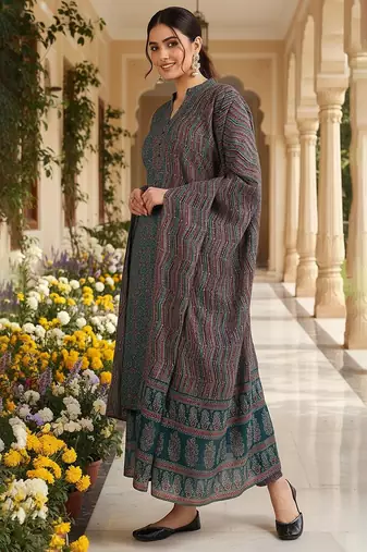 teal color printed rayon blend styles kurta trouser with dupatta