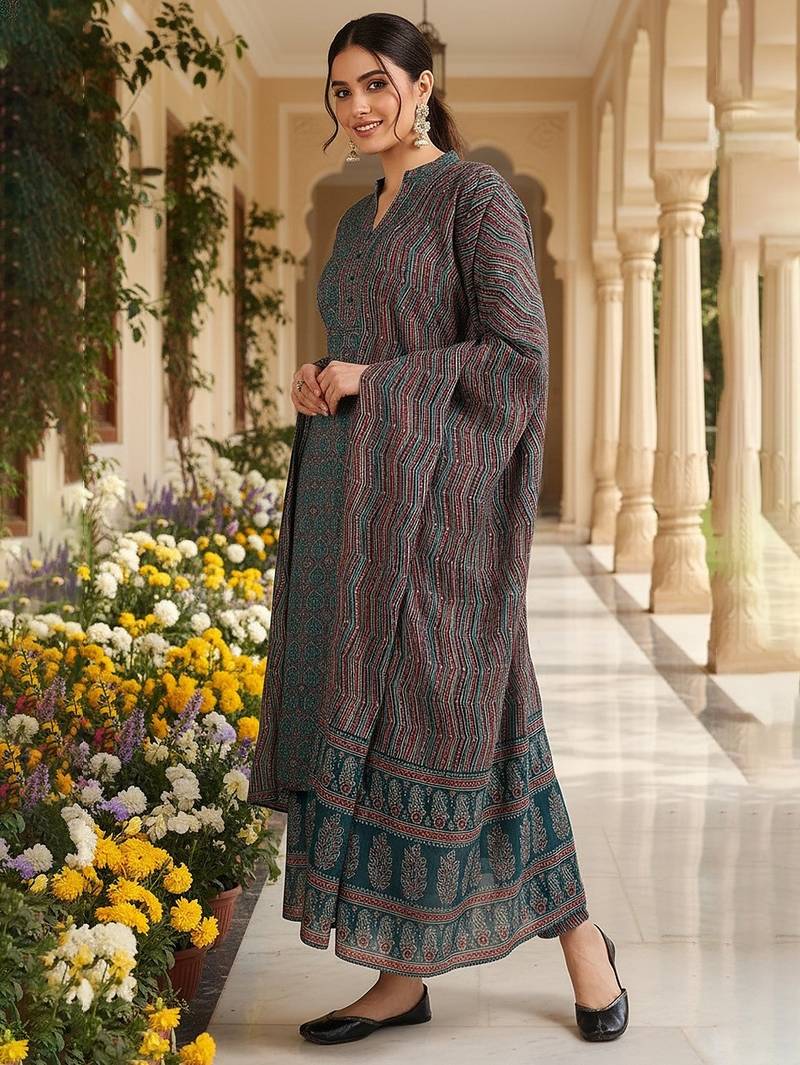 teal color printed rayon blend styles kurta trouser with dupatta