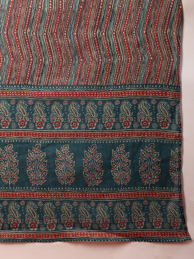 teal color printed rayon blend styles kurta trouser with dupatta