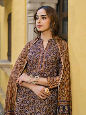 navy blue color printed rayon blend styles kurta trouser with dupatta 1