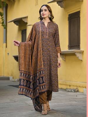 navy blue color printed rayon blend styles kurta trouser with dupatta 2