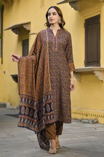navy blue color printed rayon blend styles kurta trouser with dupatta