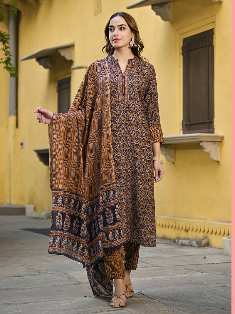 navy blue color printed rayon blend styles kurta trouser with dupatta