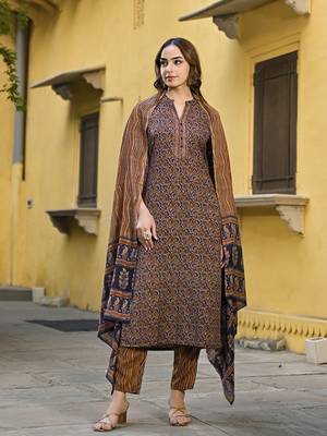 navy blue color printed rayon blend styles kurta trouser with dupatta 3