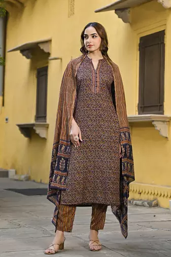 navy blue color printed rayon blend styles kurta trouser with dupatta