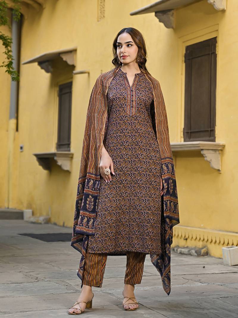navy blue color printed rayon blend styles kurta trouser with dupatta
