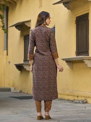 navy blue color printed rayon blend styles kurta trouser with dupatta 4