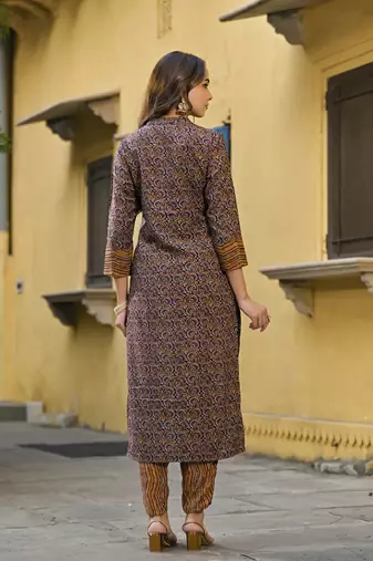 navy blue color printed rayon blend styles kurta trouser with dupatta