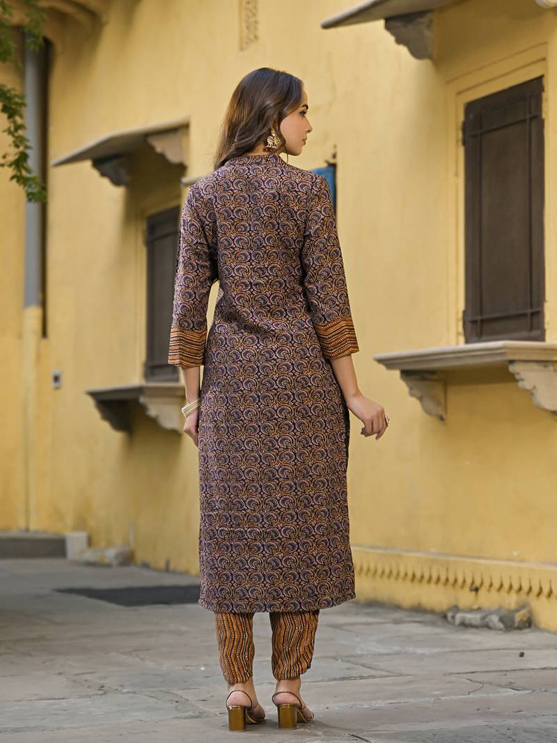 navy blue color printed rayon blend styles kurta trouser with dupatta