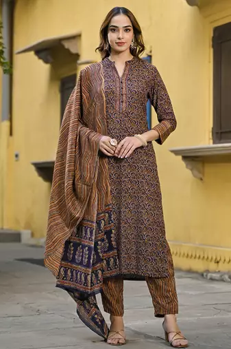 navy blue color printed rayon blend styles kurta trouser with dupatta