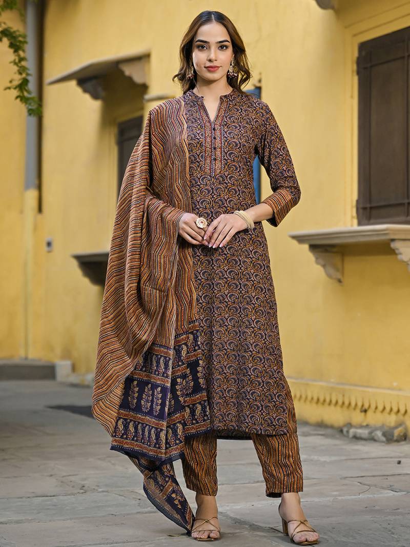 navy blue color printed rayon blend styles kurta trouser with dupatta
