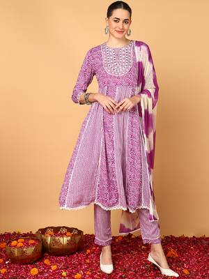 purple color yoke design viscose rayon styles kurta trouser with dupatta 1