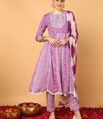 purple color yoke design viscose rayon styles kurta trouser with dupatta