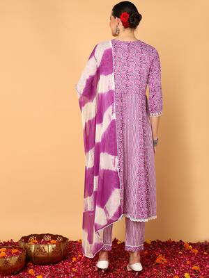 purple color yoke design viscose rayon styles kurta trouser with dupatta 4
