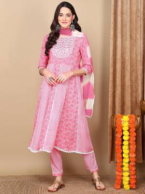 coral color embroidered viscose rayon styles kurta trouser with dupatta 1