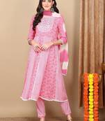 coral color embroidered viscose rayon styles kurta trouser with dupatta