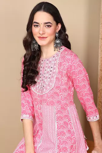 coral color embroidered viscose rayon styles kurta trouser with dupatta