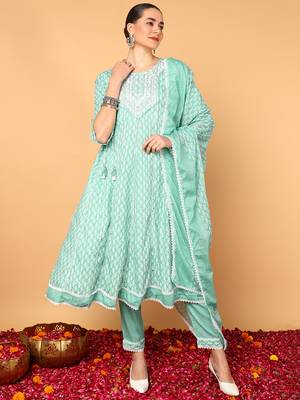 sea green color yoke design viscose rayon styles kurta trouser with dupatta 1