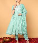 sea green color yoke design viscose rayon styles kurta trouser with dupatta