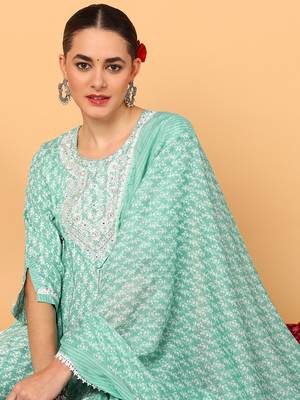 sea green color yoke design viscose rayon styles kurta trouser with dupatta 2