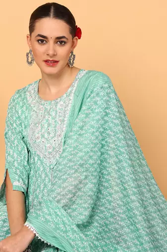 sea green color yoke design viscose rayon styles kurta trouser with dupatta