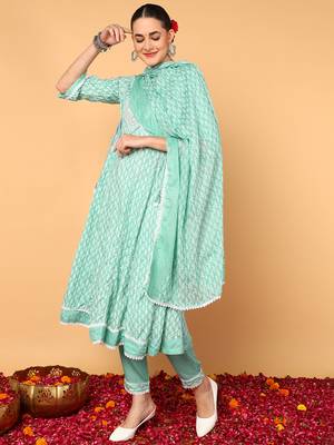 sea green color yoke design viscose rayon styles kurta trouser with dupatta 3