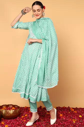 sea green color yoke design viscose rayon styles kurta trouser with dupatta