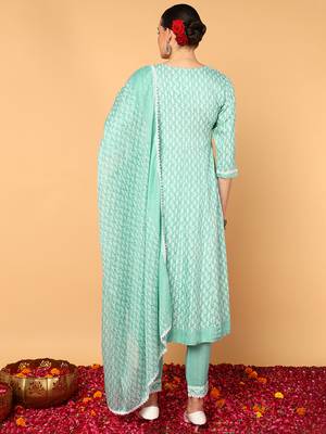sea green color yoke design viscose rayon styles kurta trouser with dupatta 4