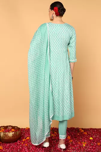 sea green color yoke design viscose rayon styles kurta trouser with dupatta