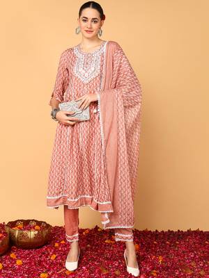 mauve color embroidered viscose rayon styles kurta trouser with dupatta 1