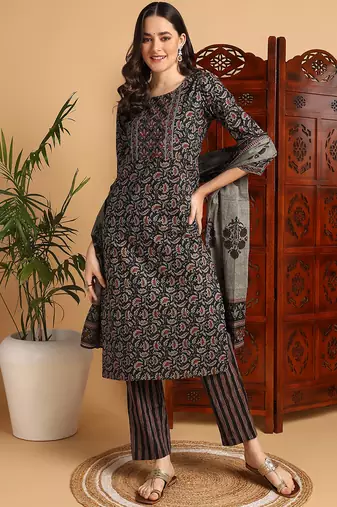 black color printed pure cotton styles kurta trouser with dupatta