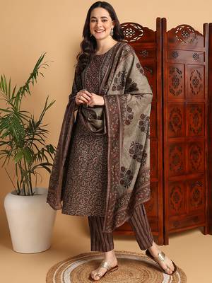 brown color printed pure cotton styles kurta trouser with dupatta 1