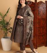 brown color printed pure cotton styles kurta trouser with dupatta