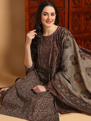 brown color printed pure cotton styles kurta trouser with dupatta 2