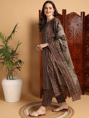 brown color printed pure cotton styles kurta trouser with dupatta 3