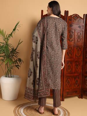 brown color printed pure cotton styles kurta trouser with dupatta 4