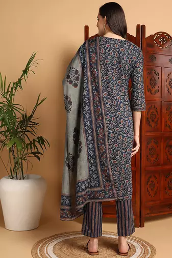 blue color printed pure cotton styles kurta trouser with dupatta