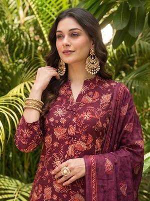 maroon color printed rayon blend styles kurta trouser with dupatta 1