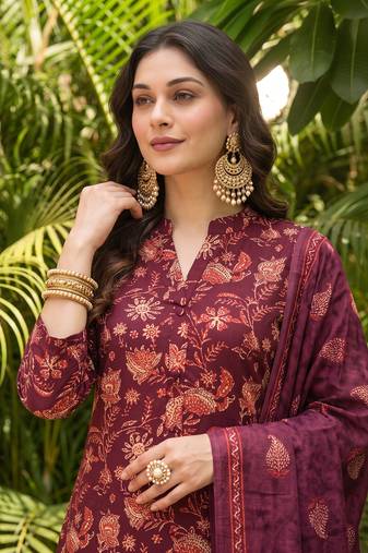 maroon color printed rayon blend styles kurta trouser with dupatta