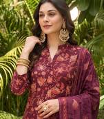 maroon color printed rayon blend styles kurta trouser with dupatta